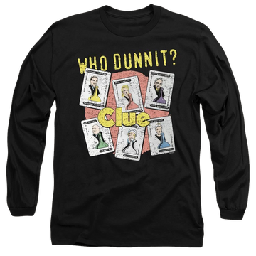 Black men's long sleeve t-shirt with Game of Clue Who Dunnit graphic
