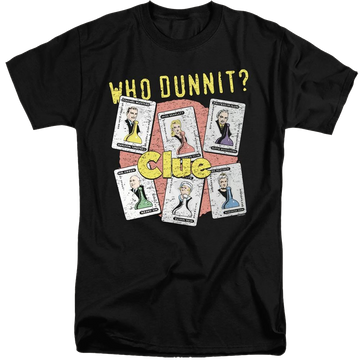 Black men's tall fit t-shirt with Game of Clue Who Dunnit graphic
