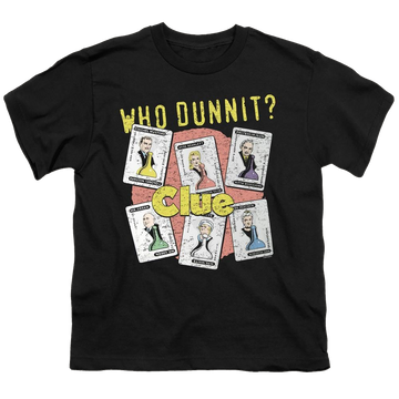 Black youth t-shirt for ages 8 to 12 with Game of Clue Who Dunnit graphic