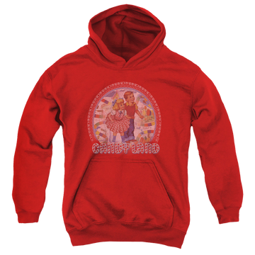 Red youth hoodie for ages 8 to 12 with Candy Land graphic