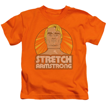 Orange kid's t-shirt for ages 4 to 7 with Hasbro Stretch Armstrong Badge graphic