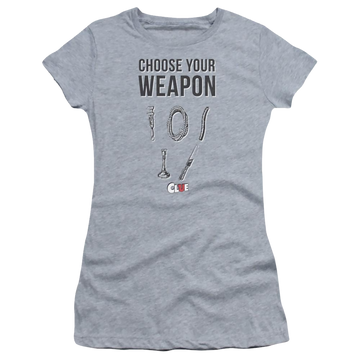 Athletic heather juniors t-shirt with Game of Clue Choose graphic
