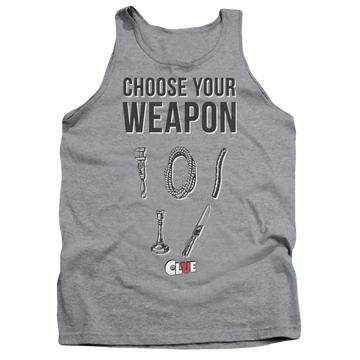 Athletic heather men's tank with Game of Clue Choose graphic