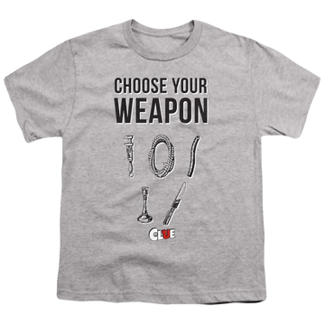 Athletic heather youth t-shirt for ages 8 to 12 with Game of Clue Choose graphic