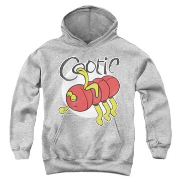 Athletic heather youth hoodie for ages 8 to 12 with Hasbro Cootie graphic