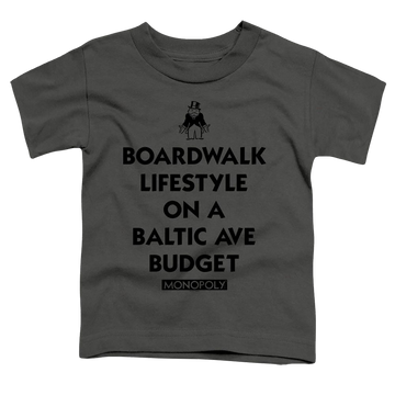 Charcoal toddler t-shirt with Monopoly Lifestyle Vs Budget graphic