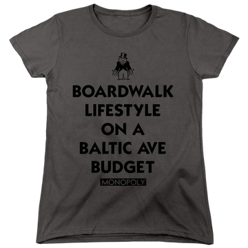 Charcoal women's t-shirt with Monopoly Lifestyle Vs Budget graphic