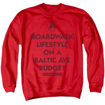 Red men's crewneck sweatshirt with Monopoly Lifestyle Vs Budget graphic