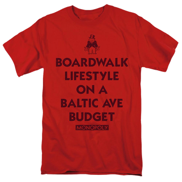 Red men's regular fit t-shirt with Monopoly Lifestyle Vs Budget graphic