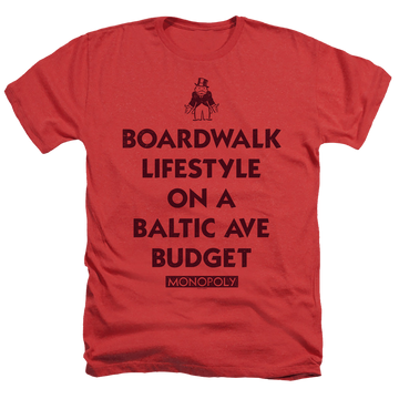 Red men's heather t-shirt with Monopoly Lifestyle Vs Budget graphic