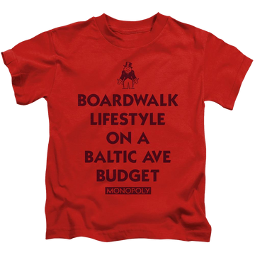 Red kid's t-shirt for ages 4 to 7 with Monopoly Lifestyle Vs Budget graphic
