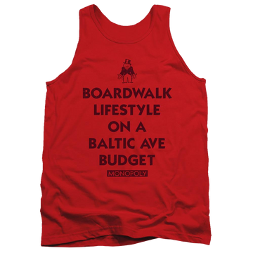 Red men's tank with Monopoly Lifestyle Vs Budget graphic
