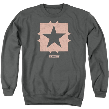 Charcoal men's crewneck sweatshirt with Scrabble Free Space graphic