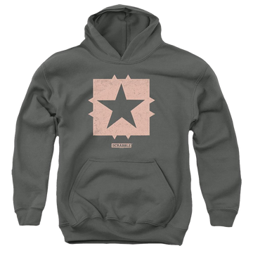 Charcoal youth hoodie for ages 8 to 12 with Scrabble Free Space graphic