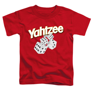 Red kid's t-shirt for ages 4 to 7 with Yahtzee Tumbling Dice graphic