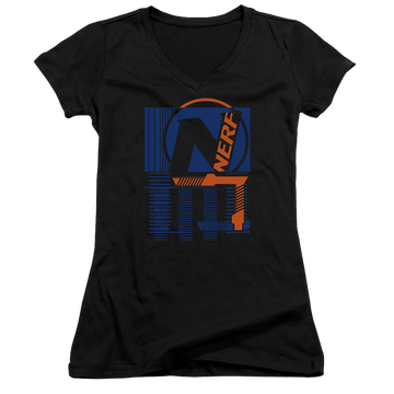 Black juniors v-neck t-shirt with Nerf Grid graphic