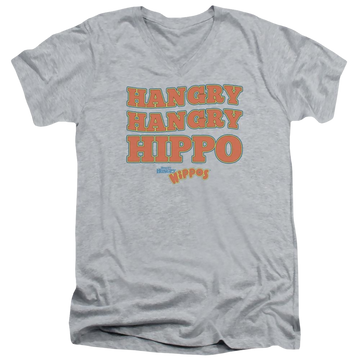 Athletic heather men's v-neck t-shirt with Hungry Hungry Hippos Hangry graphic