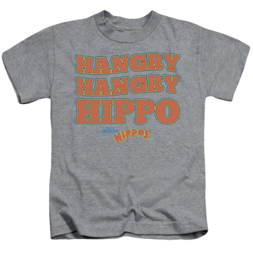 Athletic heather kid's t-shirt for ages 4 to 7 with Hungry Hungry Hippos Hangry graphic