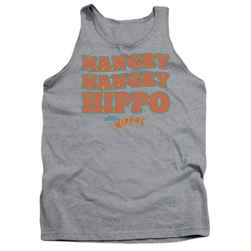 Athletic heather men's tank with Hungry Hungry Hippos Hangry graphic