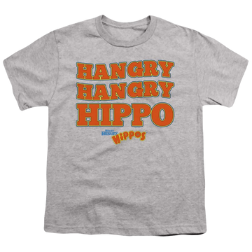 Athletic heather youth t-shirt for ages 8 to 12 with Hungry Hungry Hippos Hangry graphic