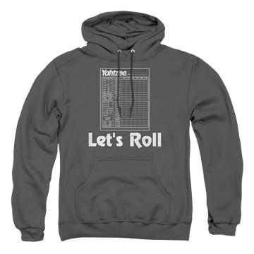 Charcoal pullover hoodie with Yahtzee Lets Roll graphic