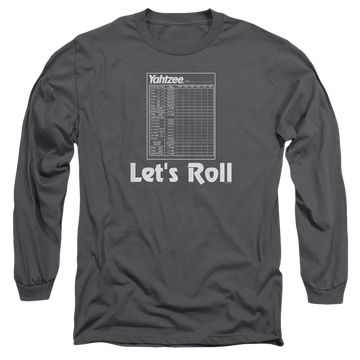 Charcoal men's long sleeve t-shirt with Yahtzee Lets Roll graphic