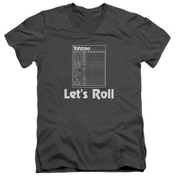 Charcoal men's v-neck t-shirt with Yahtzee Lets Roll graphic