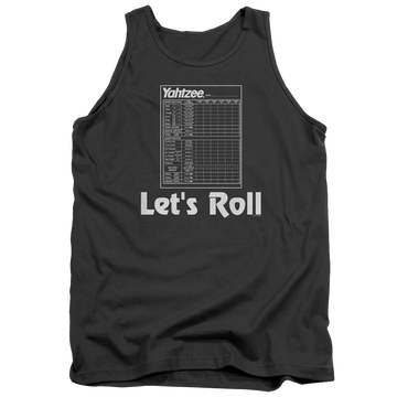 Charcoal men's tank with Yahtzee Lets Roll graphic