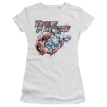 White juniors t-shirt with Transformers Spray Panels graphic
