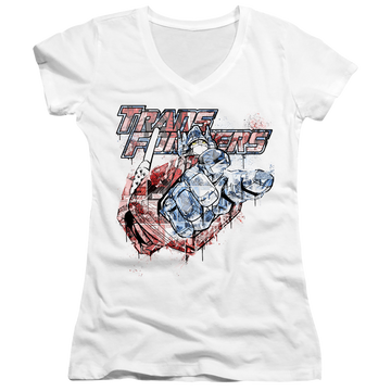 White juniors v-neck t-shirt with Transformers Spray Panels graphic