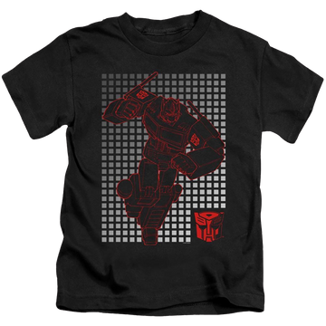 Black kid's t-shirt for ages 4 to 7 with Transformers Optimus Grid graphic