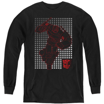 Black youth long sleeve t-shirt with Transformers Optimus Grid graphic
