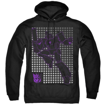 Black pullover hoodie with Transformers Megatron Grid graphic