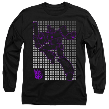 Black men's long sleeve t-shirt with Transformers Megatron Grid graphic