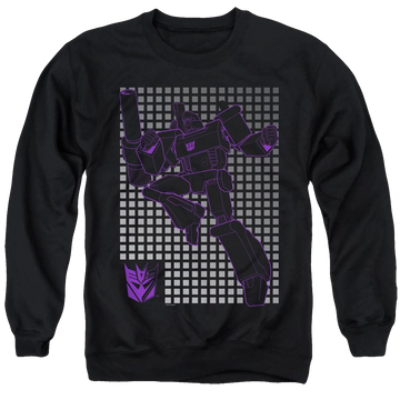 Black men's crewneck sweatshirt with Transformers Megatron Grid graphic