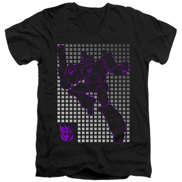 Black men's v-neck t-shirt with Transformers Megatron Grid graphic