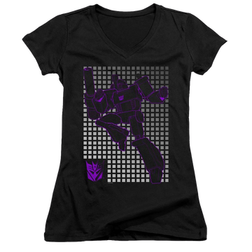 Black juniors v-neck t-shirt with Transformers Megatron Grid graphic