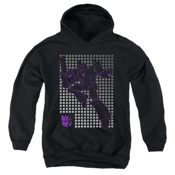 Black youth hoodie for ages 8 to 12 with Transformers Megatron Grid graphic