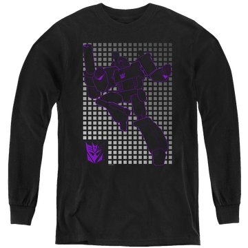 Black youth long sleeve t-shirt with Transformers Megatron Grid graphic
