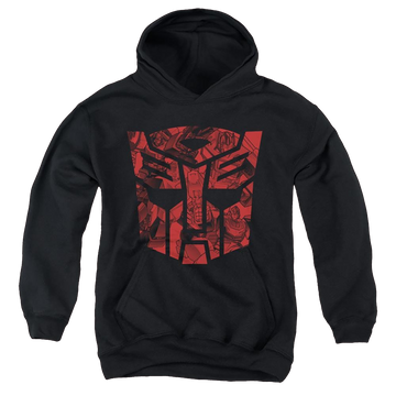 Black youth hoodie for ages 8 to 12 with Transformers Tonal Autobot graphic