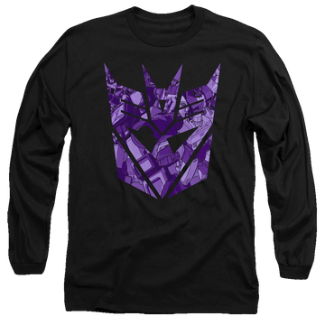 Black men's long sleeve t-shirt with Transformers Tonal Decepticon graphic