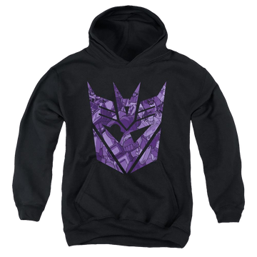 Black youth hoodie for ages 8 to 12 with Transformers Tonal Decepticon graphic