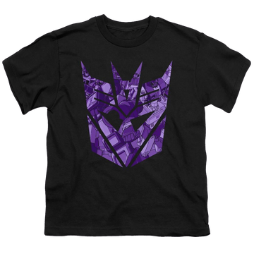 Black youth t-shirt for ages 8 to 12 with Transformers Tonal Decepticon graphic