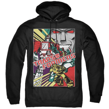 Black pullover hoodie with Transformers Comic Poster graphic