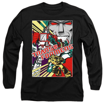 Black men's long sleeve t-shirt with Transformers Comic Poster graphic