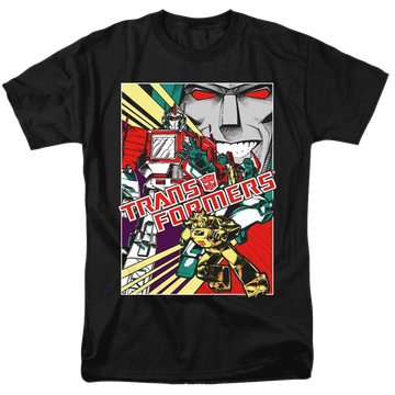 Black men's regular fit t-shirt with Transformers Comic Poster graphic