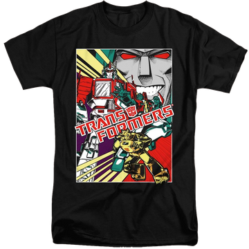 Black men's tall fit t-shirt with Transformers Comic Poster graphic