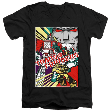 Black men's v-neck t-shirt with Transformers Comic Poster graphic