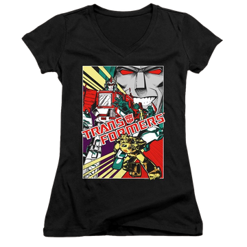 Black juniors v-neck t-shirt with Transformers Comic Poster graphic