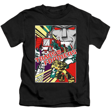 Black kid's t-shirt for ages 4 to 7 with Transformers Comic Poster graphic